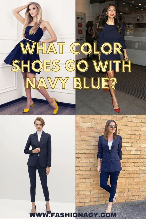 What Color Shoes Go With Navy Blue? Shoes With Navy Blue Suit Women, Navy Suit Women Shoes, Navy Pants Office Outfit, Navy Blue And Black Work Outfit, Shoes For Navy Blue Suit, Navy Blue Pants Business Casual Women, How To Style A Navy Blue Jumpsuit, Women’s Navy Suit Outfit, Navy Blue Monochrome Outfit