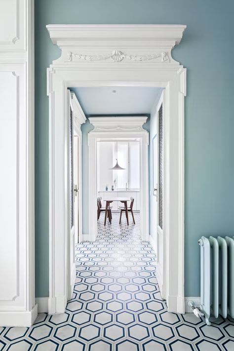 Photo 9 of 15 in A Family’s Milanese Apartment Is Reimagined With Miles of Tiles from All'Arco - Dwell Hallway Tiles, Hallway Flooring, Hallway Tiles Floor, Light Hardwood Floors, Cement Tile Floor, Honeycomb Tile, Tile Paint, Tiled Hallway, Light Hardwood