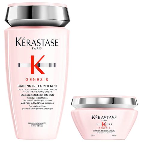 Tame and soften unruly hair types with the Kerastase Genesis Duo for Thick to Dry Hair. This luxurious haircare duo features a restorative mask, along with a nourishing shampoo to leave your hair feeling sleek and manageable, while helping to reduce the appearance of falling hair by strengthening your tresses.The Set Contains:Kérastase Genesis Masque Reconstituant Hair Mask (200ml)Hold onto your hair with the Masque Reconstituant Hair Mask from Kérastase, part of the Genesis range. The collectio Kerastase Genesis, Causes Of Hair Fall, Falling Hair, Hair Formula, Anti Hair Fall, Unruly Hair, Nourishing Shampoo, Clarifying Shampoo, Acetic Acid