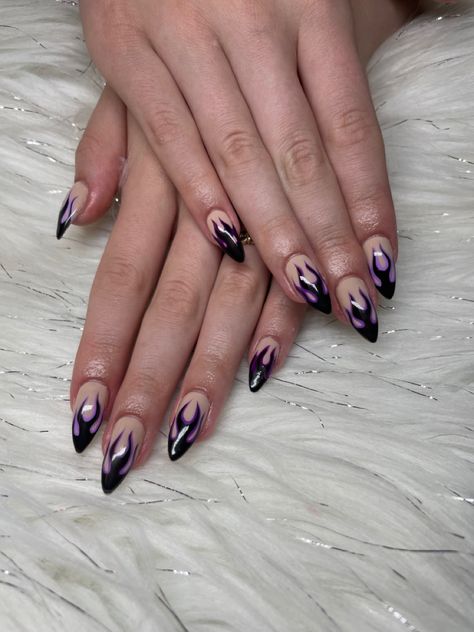 Acrylic Nails Dark Purple Design, Purple And Black French Nails, Lilac Flame Nails, Dark Purple Nails Ideas Almond, Flame Nails Purple, Black Lilac Nails, Purple And Black Prom Nails, Dark Purple French Tip Nails Almond, Purple Flames Nails