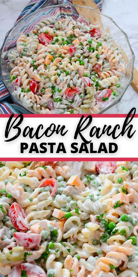 This Bacon Pasta Ranch Salad is so tasty and easy to make on a hot summer day! Perfect to bring to any BBQ or gathering you have coming up. Chicken Bacon Ranch Pasta Salad, Bacon Pasta Salad, Bacon Ranch Pasta, Bacon Ranch Pasta Salad, Creamy Pasta Salads, Chicken Bacon Ranch Pasta, Ranch Salad, Spiral Pasta, Ranch Pasta Salad