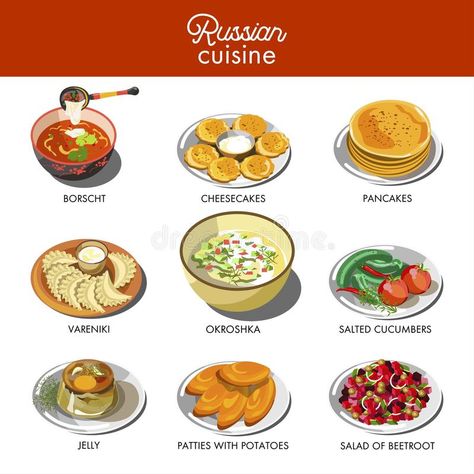 Dishes Illustration, Potato Patty, Russia Food, Traditional Russian Food, Cucumber Pickles, Traditional Indian Food, Kitchen Icon, Food Map, Food Vocabulary