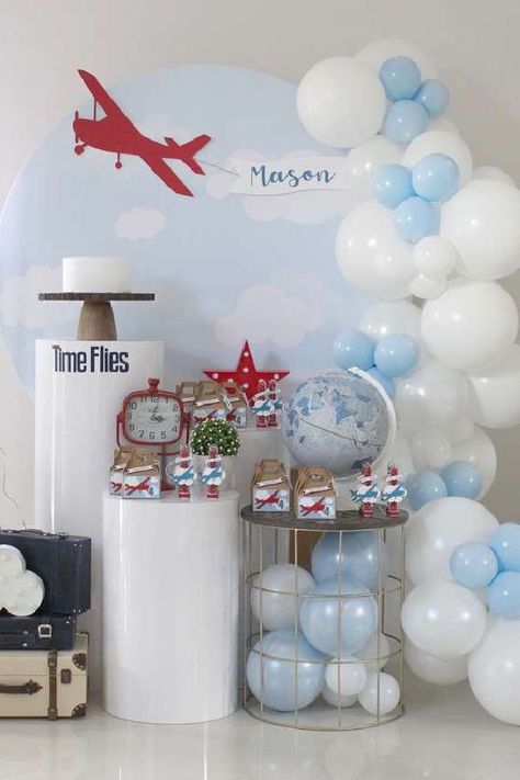 Check out this awesome airplane birthday party! The balloon decorations are wonderful! See more party ideas and share yours at CatchMyParty.com #catchmyparty #partyideas #airplanes #airplaneparty #boybirthdayparty Aeroplane Theme Birthday Party, Aeroplane Party, Airplane Themed Birthday Party, Airplane Birthday Decorations, Airplane Party Theme, Airplane Birthday Theme, Vintage Airplane Birthday Party, Airplane Birthday Party Decorations, Plane Birthday