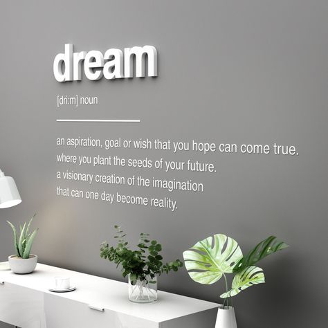 Dream Definition Wall Decal - Wall Sticker - Quote Wall Art - Wall Vinyl - Home Decor ---------------------------------LINKS--------------------------------- To view more Art that will look gorgeous on Your Walls Visit our Store: https://www.etsy.com/shop/homeartstickers For more Quotes & Phrases visit: https://www.etsy.com/shop/HomeArtStickers?section_id=26394381 -------------------------PRODUCT DETAILS------------------------- MATERIAL: - Vinyl (Consult the color chart available in the gallery to choose the color of the vinyl) - White, Black or Grey PVC - It is very lightweight so it can be hung up with double-sided adhesive tape or other kinds of glue, like a liquid nail for a definitive solution. DIMENSIONS: 120 x 66 cm | 47.24 x 25.98 inches (width x height) Picture may not be an actu Dream Definition, Wall Phrases, Break Wall, Wall Stickers Quotes, Wall Text, Liquid Nails, Double Sided Adhesive Tape, Wall Vinyl Decor, Wall Vinyl