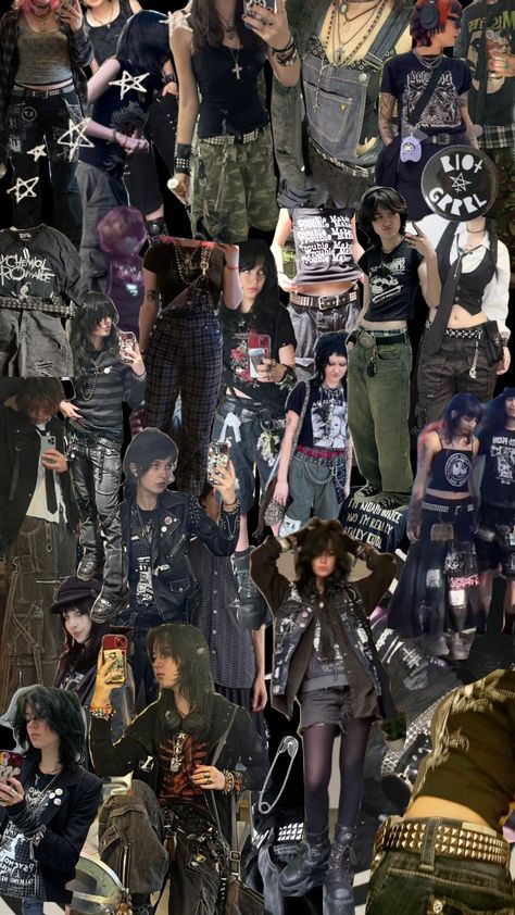 outfit moodboard pt.2! #punk Gothic Punk Aesthetic, Early 2000s Punk Fashion, Punk Fall Outfits, Skate Punk Fashion, Weird Aesthetic Outfits, Hardcore Punk Fashion, Punk Winter Outfits, Punk Academia Outfit, Teenage Dirtbag Outfit