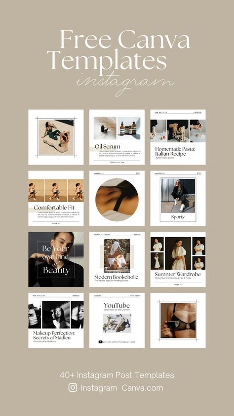 Lifestyle Instagram Pack will help you to create trendy aesthetic visual content for your Instagram. Ideal for any beauty fashion business, shop and store, motivating and inspiring project, personal blog, online course. Minimal and clear design. All templates are perfectly fit with each other. This pack includes 40+ social media post templates for your Instagram. All templates are fully editable and totally free for both personal and commercial use. You can easily change the design with Canva! Social Media Content Design Layout, Best Instagram Post Design, Minimal Instagram Post Template, Free Templates For Instagram Post, Instagram Store Layout, Aesthetic Instagram Feed For Business, Personal Blog Post Ideas Instagram, Online Blog Aesthetic, Fashion Feeds Instagram