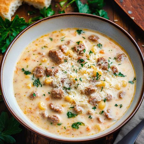 Delicious Creamy Parmesan Italian Sausage Soup Recipe Five Star Meals, Cozy Soups, Sausage Potato Soup, Best Freeze Dried Food, Sausage Soup Recipes, Parmesan Soup, Tuscan Soup, Italian Sausage Soup, Sausage Potatoes