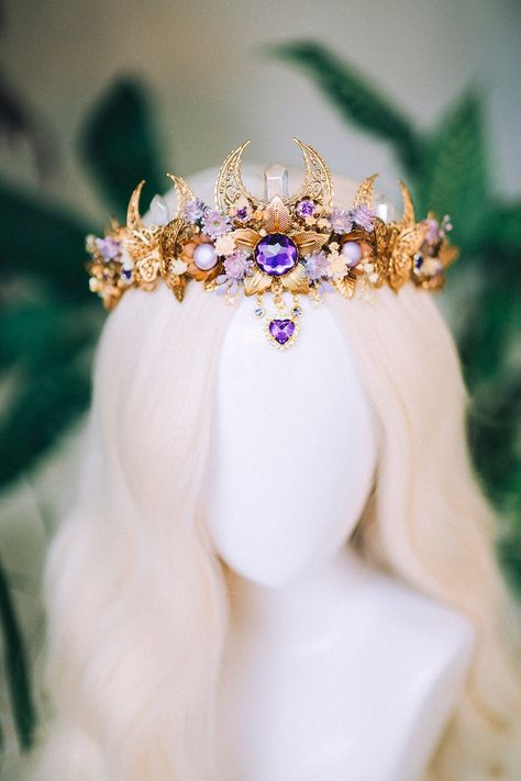 Lavender Flower Crown, Flower Headpiece, Gold Crown, Bridal Crown, Wedding Headpiece, Purple Flower Crown, Fairy Crown, Crystal Crown - Etsy Flower Crown Fairy, Lavender Flower Crown, Purple Flower Crown, Crown Fairy, Fantasy Crown, Gold Headpiece Wedding, Tiara Accessories, Crown Aesthetic, Purple Crown