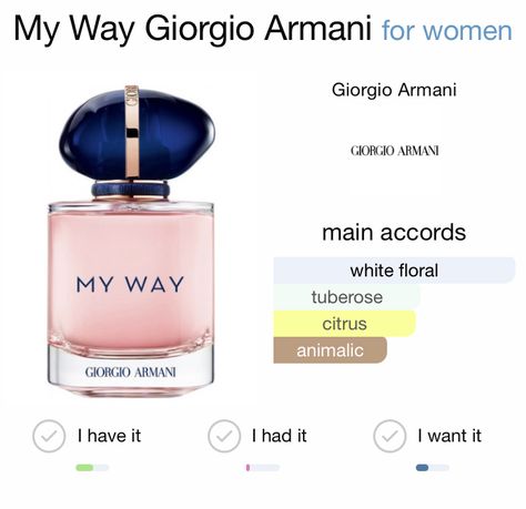 My Way Giorgio Armani, Jeremy Fragrance, Perfume Business, Perfume Wishlist, Giorgio Armani Perfume, Armani Perfume, Fragrance Lab, Perfume Recipes, Makeup Wishlist