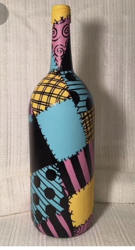 Nightmare Before Christmas Centerpieces Diy, Sally From Nightmare Before Christmas, Bottle Painting Ideas, Wine Bottle Crafts Christmas, Sally Costume, Bottle Diy Crafts, Nightmare Before Christmas Decorations, Hand Painted Wine Bottles, Movie Decor