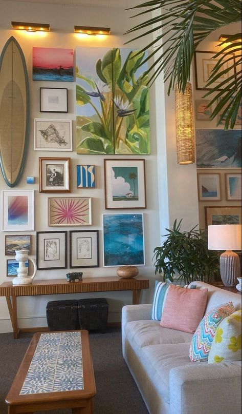 Hawaii Aesthetic House Interior, Coastal Jungle Decor, Caribbean Inspired Decor, Caribbean Coastal Decor, Hawaii Gallery Wall, Hawaii Bathroom Decor, Funky Coastal Decor, Beach Eclectic Decor, Modern Beach Aesthetic