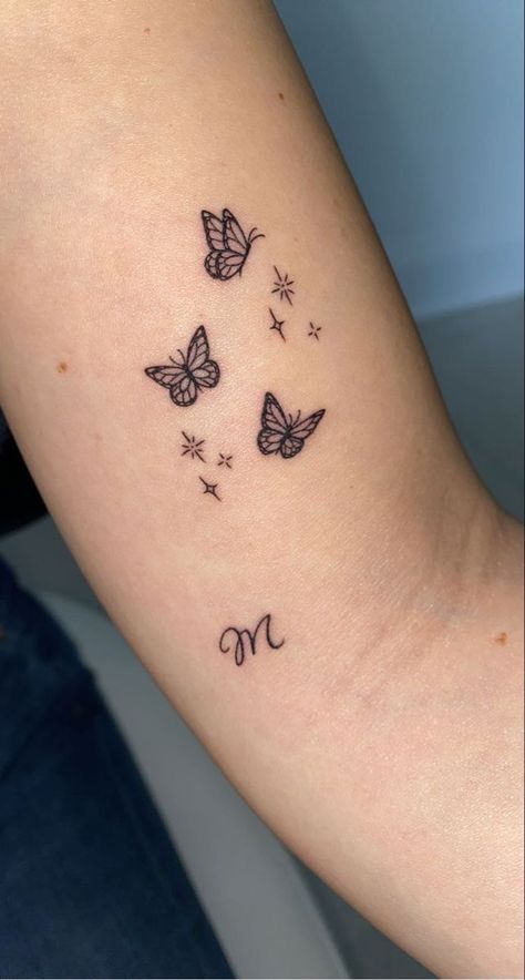 Butterflies With Stars Tattoo, Butterfly With Stars Tattoo, Butterfly Sparkle Tattoo, Butterfly Star Tattoo, Butterfly Stars Tattoo, Butterfly And Stars Tattoo, Minimalist Tattoo Butterfly, Tattoo Ideas Butterflies, Butterfly Minimalist Tattoo