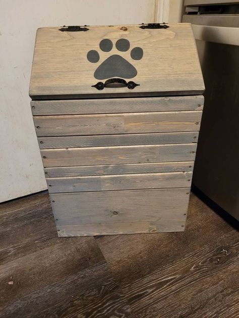 Wooden Dog Food Storage Diy, Wood Dog Food Storage, Diy Dog Food Storage Container, Dog Food Container Ideas, Diy Pet Food Storage, Dog Food Cabinet, Dog Food Storage Ideas, Large Dog Food Storage, Dog Food Storage Diy