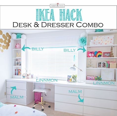 IKEA Hack - Custom Desk & Dresser Combo | TIDBITS&TWINE Desk Dresser Combo, Ikea Hack Kids, Ikea Desk Hack, Desk Hacks, Malm Dresser, Hack Ikea, Dresser Desk, Ikea Desk, Ikea Bedroom