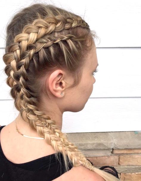 Braids For Basketball Games, Unique Dutch Braids, Braids For Athletes, Fun Dutch Braids, Complicated Sports Hairstyles, 4 Dutch Braids Into Ponytail, Crossed Dutch Braids, Athletic Braids Hairstyles, Cool Dutch Braids Hairstyles