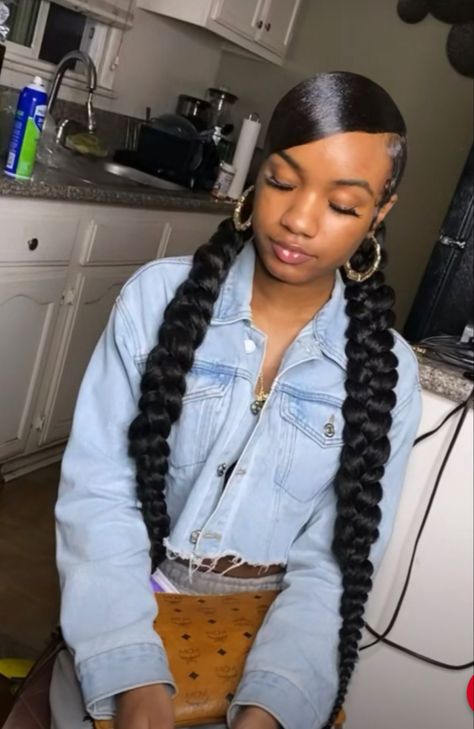 Two Low Braided Ponytails, Flower Afro, Hairstyles With Curled Hair, Cute Weave Hairstyles, Quick Styles, Buns Hairstyles, Low Ponytails, Hair Braid Patterns, Tail Braids