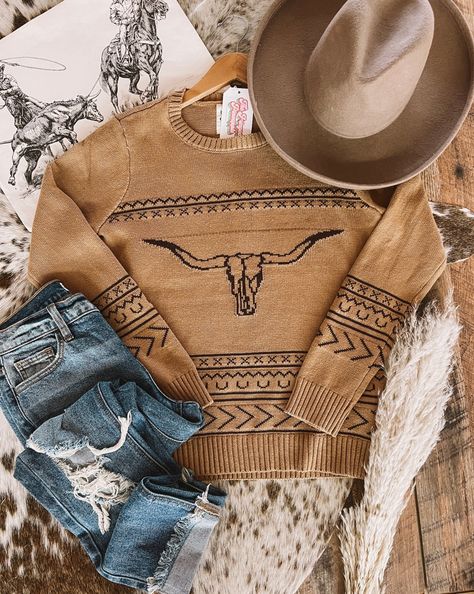 Western Dream Sweater Model is a 5/6 and sized down too a small. Material:55% cotton/45% acrylic Fancy Country Outfits Women, Fancy Cowgirl Outfits, Women’s Western Fashion, Fall Country Outfits, Casual Country Outfits, Western Stuff, Western Clothes, Western Apparel, Western Clothing