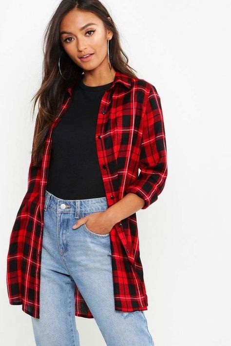 Petite Checked Shirt in red, black and white stripes | a classic plaid pattern in a petites size with a longer tunic style length for an easy lounge wear style in the colder fall and winter months, great for the ski cabin in front of the fire | affiliate link | Boohoo Checked Shirt Outfit Women, Red Checked Shirt Outfit, Checked Shirt Outfit, Oversized Flannel Shirt, Flannel Oversized, Red Checked Shirt, Style Flannel, Oversized Shirt Dress, Stylish Short Dresses