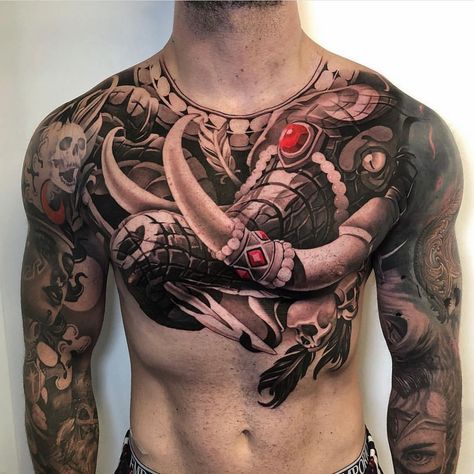 Asian Men Tattoos, Full Chest Tattoos, Husband Tattoo, Chicanas Tattoo, Men Tattoos, Cool Chest Tattoos, Chest Tattoos For Women, Chest Piece Tattoos, Chest Tattoo Men