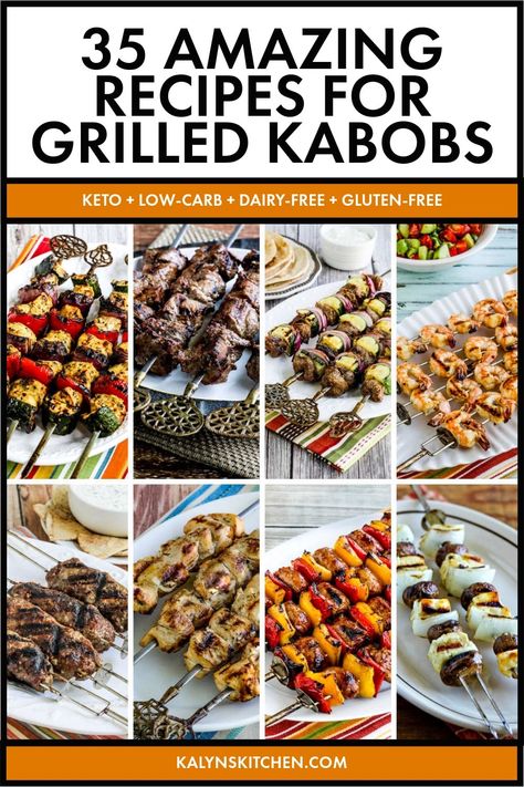 "Pinterest Image of 35 Amazing Recipes for Grilled Kabobs showing eight different kabob recipes on various serving dishes with different backgrounds." Kabobs On The Grill, Grilled Kabobs, Food On A Stick, Fiber Recipes, Beach Recipes, Grilled Kabob Recipes, Grilling Kabobs, Kabob Skewers, Kabob Recipes