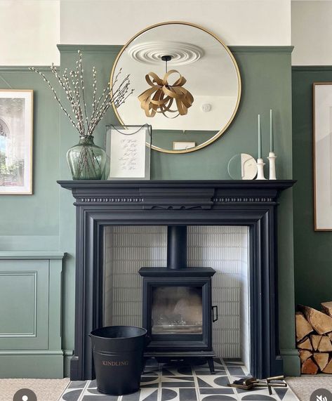 2023 Fireplace, Elevated Living Room, Farrow And Ball Green, Farrow And Ball Living Room, Wood Burner Fireplace, Wood Burning Stoves Living Room, Outside Lights, Log Burner Living Room, Hearth Tiles