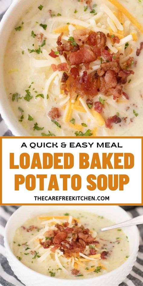 This Loaded Baked Potato Soup Recipe is creamy and delicious. It’s made with potatoes, chicken broth for lots of flavors and a dose of heavy cream. You can add bacon, sliced green onions, and shredded cheddar to turn this into the most amazing Loaded potato soup recipe. #thecarefreekitchen #soup #potato #bakedpotatosoup #loaded #potatosoup Potatoe Bacon Soup Easy, Loaded Potato Soup Crockpot Frozen Potatoes, Potato Cheddar Bacon Soup, Outback Loaded Potato Soup, Potatoe Soup With Hash Browns, Loaded Potato Soup With Hashbrowns, Potato Soup With Cream Of Chicken, Loaded Potatoes Soup, Loaded Baked Potato Soup Stove Top