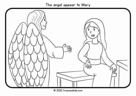 Discover the wonder of the Christmas story with our free 'Angel Visits Mary' coloring page. Perfect for Sunday school or a fun activity at home, this beautifully illustrated page captures the momentous occasion when the Angel Gabriel appeared to Mary, bringing the message of Jesus' birth. Download it now in English, Spanish, or Portuguese and start a meaningful holiday tradition! 🎄✏️ Trueway Kids, Angel Coloring Pages, Jesus Coloring Pages, Jesus Birth, The Christmas Story, Free Angel, Paper Angel, Mazes For Kids, Angel Gabriel