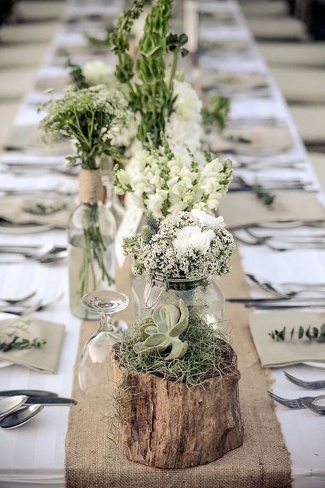 How to Create those Stunning Handmade Wedding Table Decorations - Be at one with the trees | CHWV Picnic Table Wedding, Wedding Decorations Table Settings, Country Wedding Colors, Sage Green Wedding Theme, Cheap Wedding Table Centerpieces, Sage Green Wedding Colors, Deco Champetre, Events Planning, Green Themed Wedding