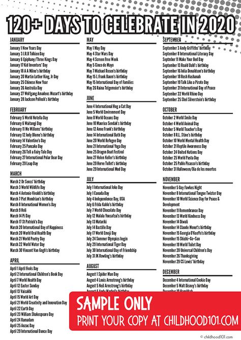 120+ celebrations from around the world to celebrate in 2020 are included in this printable calendar. Includes days raising awareness of social & environmental issues, holidays from around the world, birthdays of children's authors, artists, musicians and more. Handy for classroom planning. List Of All The Holidays, Celebration Days Calendar, Holidays Of The Year, List Of Holidays By Month, List Of National Days, List Of Holidays, World Holidays, National Holiday Calendar, Silly Holidays