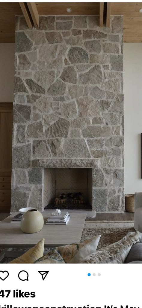 Red Stone Fireplace, Hearth Stone Ideas, Stone Fireplace Exterior, Overgrouted Stone Fireplace, Lakehouse Vibes, Cobblestone Fireplace, Flagstone Fireplace, Fireplace Finishes, Gray Fireplace