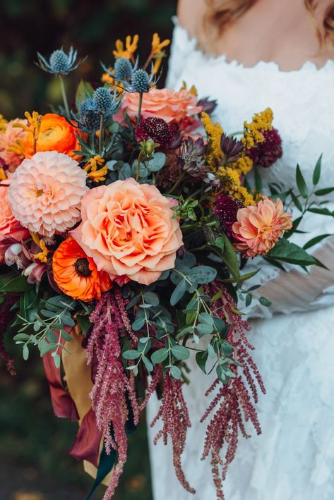 Free Spirited Wedding in the Ozark Mountains Fall Wild Flower Bouquet Wedding, Colorful Fall Bouquet, Fall Wildflower Wedding Theme, Mountain Wedding Color Palette, June Wedding Bouquet, Mountain Wedding Bouquet, Free Spirited Wedding, Dreamy Color Palette, Taking Things Slow