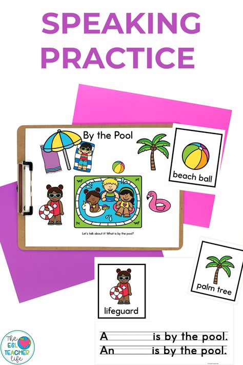 Summer speaking practice for ELLs and so much more. Check out the blog post for engaging ideas and teaching resources for speaking and writing activities for your ESL classroom. Esl Teacher Aesthetic, Ell Resources For Teachers, Esl Strategies Elementary, Esl Interactive Notebook, Esol Resources, Teaching Ell Students, Listening Center, Sentence Frames, Speaking Practice