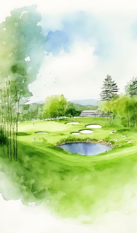 Laminated card with rounded corners. Size: 2.5” x 4.25” Watercolor painting of a golf course SP64 Golf Course Art, Watercolor Golf Art, Golf Course Painting, Golf Watercolor, Golf Nursery, Golf Drawing, Golf Painting, Course Ideas, God Things