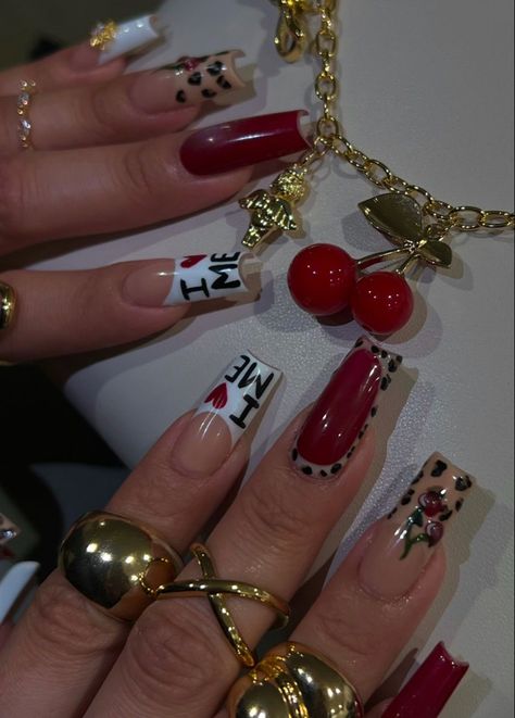 Cheetah Print Christmas Nails, Burgundy And Cheetah Nails, Burgundy Cheetah Nails, Leopard Print Cherry Nails, Cheetah Print And Red Nails, Cherry Leopard Nails, Cheetah Christmas Nails, Red Cheetah Print Nails, Red Leopard Print Nails