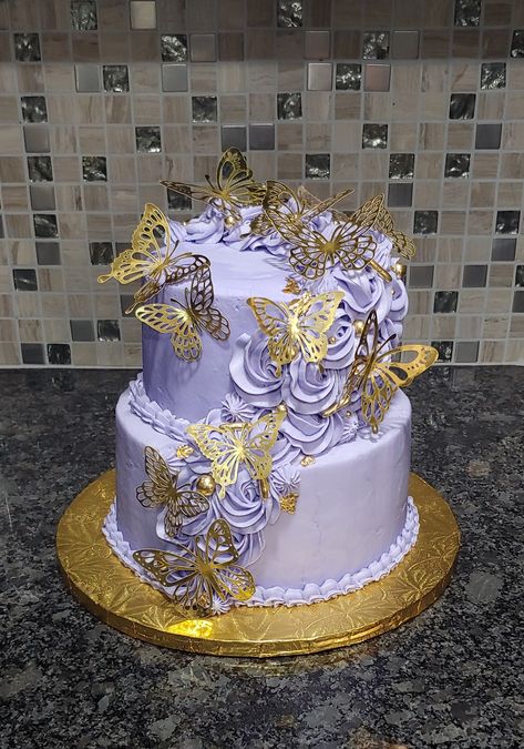 Purple And Gold Birthday Party Ideas, Purple And Gold Butterfly Cake, Sweet 16 Party Ideas Purple And Gold, Butterfly Quinceanera Cake, Purple And Gold Cakes, Birthday Cake Purple And Gold, Purple Sweet 16 Cakes, Purple And Gold Birthday Cake, Purple And Gold Sweet 16