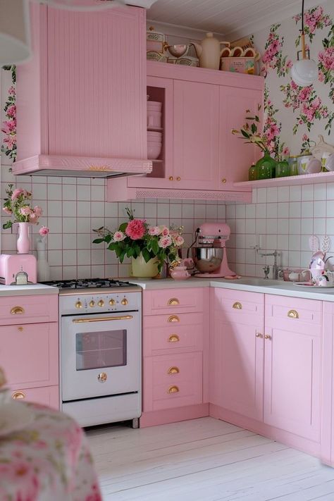 Small Apt Kitchen Ideas, Pink Kitchen Inspiration, Diner Aesthetic, Dreamy Kitchens, Funky Kitchen, Virgo Art, Modern Kitchen Ideas, Girly Decor, Casa Vintage