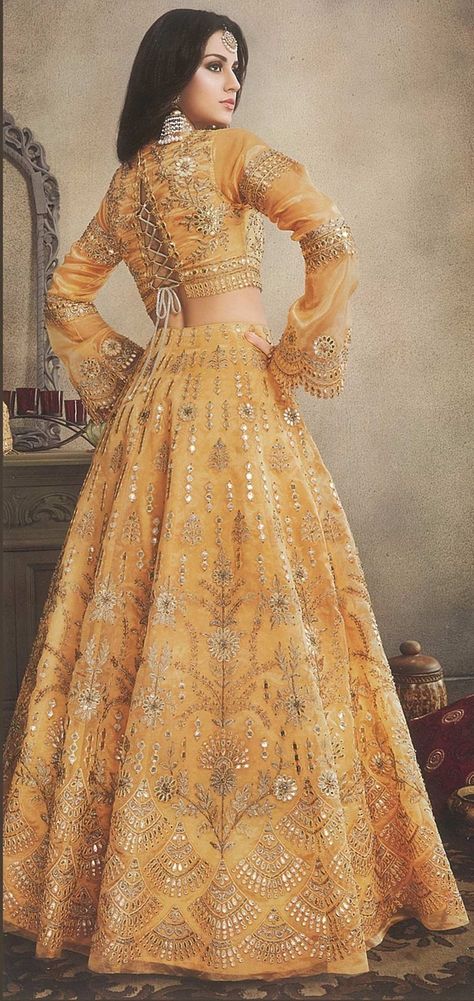 Organza Silk Lehenga, Golden Blouse Designs, Lehenga Inspiration, Pastel Lehenga, Bridesmaid Dresses Indian, Rajasthani Dress, Silk Lehenga Choli, Choli Dress, Desi Wedding Dresses