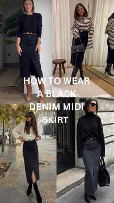 Styling Long Black Denim Skirt, Style Black Denim Skirt, Styling Black Denim Skirt, Midi Black Denim Skirt, Black Denim Midi Skirt Outfit Winter, Denim Skirt Outfit 2024, Black Denim Skirt Outfit Ideas, Autumn Midi Skirt Outfit, How To Style Black Denim Skirt