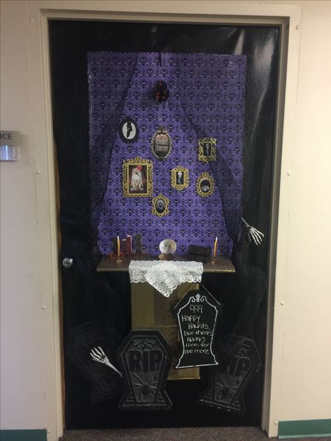 Haunted Mansion Door Decor, Haunted Mansion Cruise Door, Addams Family Bulletin Board, Haunted Mansion Classroom Door, Addams Family Door Decoration, Halloween Door Decorations Contest Apartment, Haunted Mansion Door Decoration, Halloween Classroom Door Contest, Halloween Door Decorating Contest Office