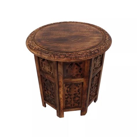 Wooden Hand Carved Folding Accent Coffee Table Dark Chocolate - The Urban Port : Target Accent Coffee Table, Folding Coffee Table, Coffee Table Brown, Octagon Table, Round Wood Coffee Table, Wood Accent Table, Wood Pedestal, Wood End Tables, Wooden Hand