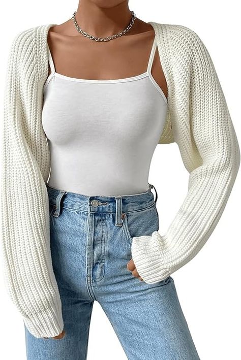 Verdusa Women's Long Sleeve Open Front Knitted Crop Cardigan Sweater Shrug Cream White S at Amazon Women’s Clothing store Sweater Shrug Outfit, Crop Knit Sweater Outfit, Shrug Cardigan Outfit, Cropped Knit Sweater Outfit, Cropped White Sweater, Cropped Cardigan Outfit, Formal Sweater, White Cropped Cardigan, Warm Fits