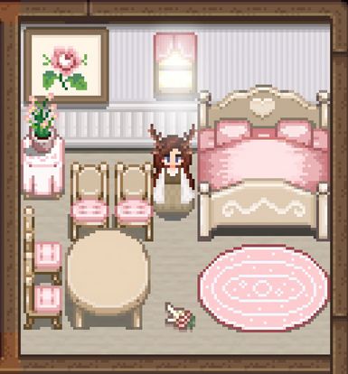 Stardew Valley Pink Aesthetic, Cute Game Aesthetic, Stardew Valley House Interior No Mods Pink, Stardew Valley Coquette, Stardew Valley Cute Mods, Modded Stardew Valley, Kawaii Stardew Valley, Pink Stardew Valley, Cute Games To Download