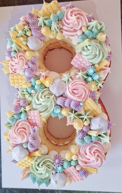 #6 Cake, How To Make A Number 8 Cake, Buttercream Number Cake, Number 8 Birthday Cake Ideas, Girly Number Cake, Girl Number Cake, Cake 8th Birthday Girl, Number 8 Cupcakes, Pastel Number Cake