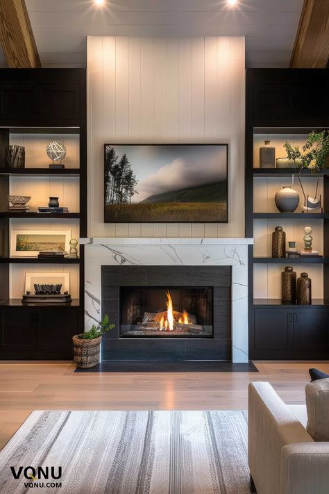 Modern fireplace with built-in shelving and elegant decor, featuring a combination of light and dark tones and a cozy fire. Modern Fireplace Wall Living Room Stone, Modern Living Room With Chimney, Living Room Fireplace Shelving, Fireplace Furniture Ideas, Fireplace With Dark Built In Cabinets, Family Room Brick Fireplace, Living Room Built In Cabinets With Fireplace, Shelving Ideas Around Fireplace, Built Ins With Fireplace And Tv