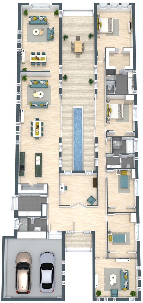 Beige and teal 3D container house layout floor plan with four bedrooms, three bathrooms, two car garage, an office, a kitchen with an island, three living rooms, and a patio with a rectangular pool. Container House Layout, Rectangular House Plans, Kitchen With An Island, 3 Bedroom Floor Plan, 3d Floor Plan, Rectangular Pool, House Layout, 3d Floor, Two Car Garage