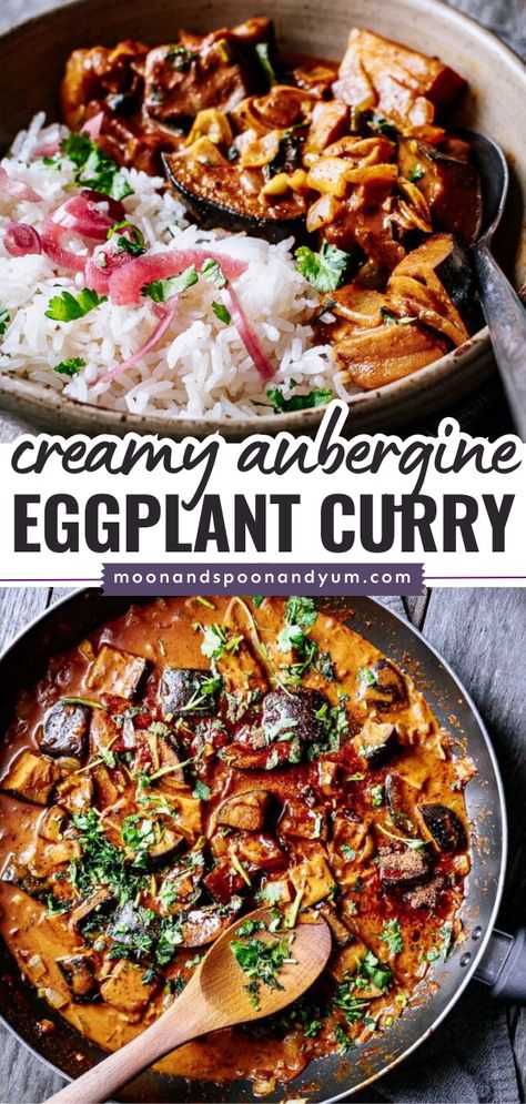 Need a comfort food idea? Satisfy your craving with this main dish for dinner! Made with coconut milk, this Aubergine Curry is super creamy and delicious while being vegan and gluten-free. You can even serve this eggplant curry as an easy side dish recipe! Eggplant And Broccoli Recipes, Potato Eggplant Recipe, Crockpot Eggplant Parmesan, Eggplant Coconut Milk, Eggplant And Spinach Recipes, Aubergine Curry Coconut Milk, Eggplant Arabic Recipes, Eggplant Garlic Sauce, Coconut Milk Recipes Vegetarian