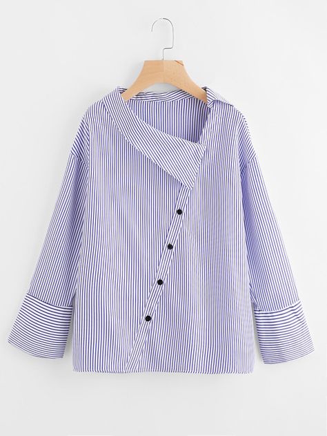 Asymmetric Collar Drop Shoulder Striped Blouse -SheIn(Sheinside) Women Shirt Designs, Áo Blu, Sewing Blouses, Blouse Casual Fashion, Fashion Tops Blouse, Kurti Neck Designs, فستان سهرة, Kurta Designs, Clothes Ideas