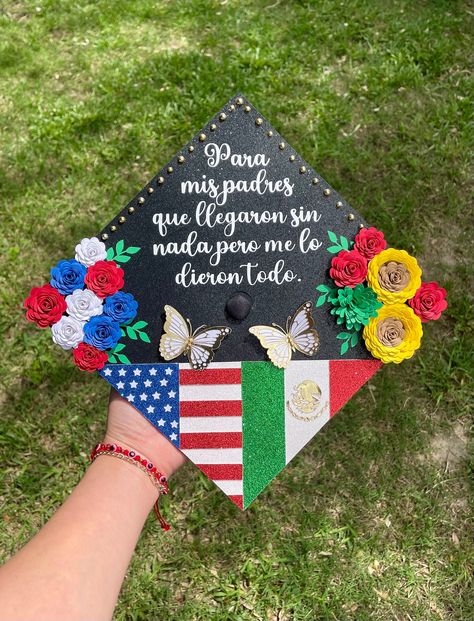 This listing is for a personalized graduation cap topper.   It is made of glitter cardstock,  the flowers and details are also cardstock.  Please indicate the size of your graduation cap so the topper will fit appropriately.  Most caps are 9.5" but there are some from 9" up to 10". I include double sided Velcro rounds so you can attach the topper to your cap. Ships in 7-10 business days. Returns are not accepted as this is a custom item. For any further customization please feel free to message Graduation Cap Designs Latina, Mexican Cap Decoration Graduation, Mexican Graduation Cap, Graduation Mexican, Senior Caps, Mexican Graduation, Caps Ideas, Grad Cap Topper, Cap Decoration