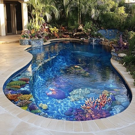 Experience the beauty of the ocean with our coral reef-inspired pool. Featuring vibrant mosaic tiles, freeform design, and tropical landscaping, this pool mimics the colors and textures of an underwater paradise. LED lights create a shimmering lagoon effect, making your backyard feel like a luxurious escape into the sea. Moss Arrangements, Pool Tile Designs, Ocean Pool, Lagoon Pool, Tile Designs, Pool Tile, Tropical Landscaping, Coral Reef, Larp