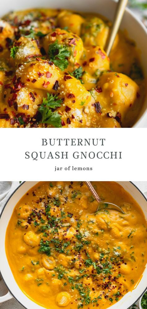 Two images of butternut Squash Gnocchi. Butternut Squash Gnocchi, Squash Gnocchi, Squash Pasta Recipe, Squash Sauce, Butternut Squash Pasta Sauce, Gnocchi Dishes, Butternut Recipes, Healthy Butternut Squash, Butternut Squash Sauce